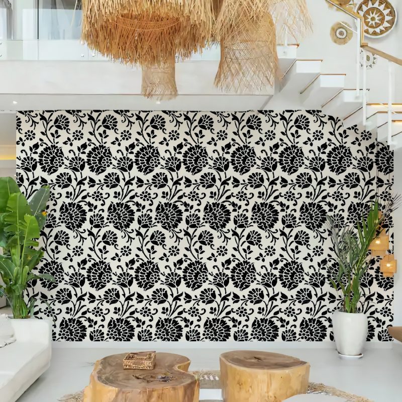 Black and Cream Indian Floral Wallpaper