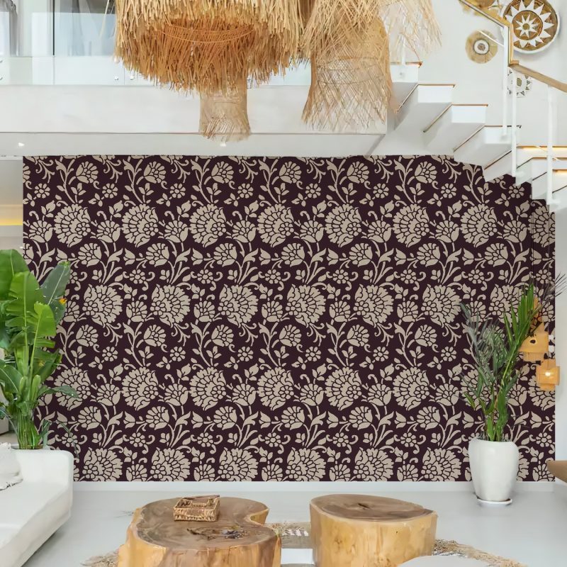 Dark Brown and Beige Indian Floral Wallpaper