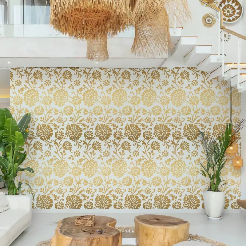 Cream and Gold Indian Floral Wallpaper