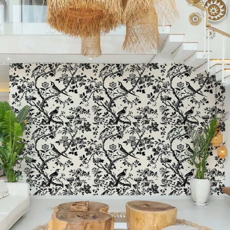 Black and Cream Toile Bird Wallpaper