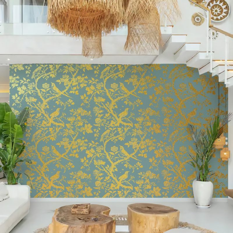 Sage Green and Gold Toile Bird Wallpaper