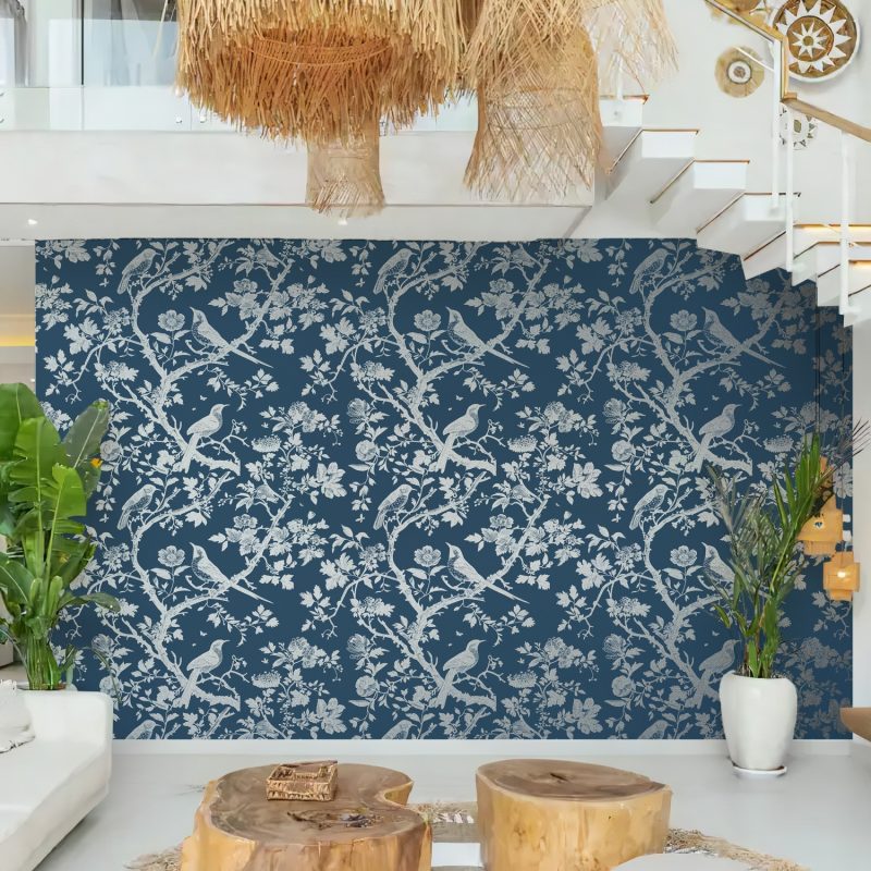 Blue and Silver Toile Bird Wallpaper