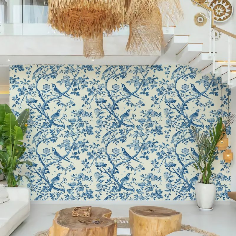 Blue and White Toile Bird Wallpaper