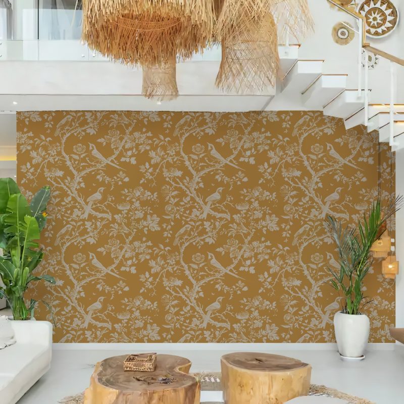Mustard and Beige Toile Bird Wallpaper