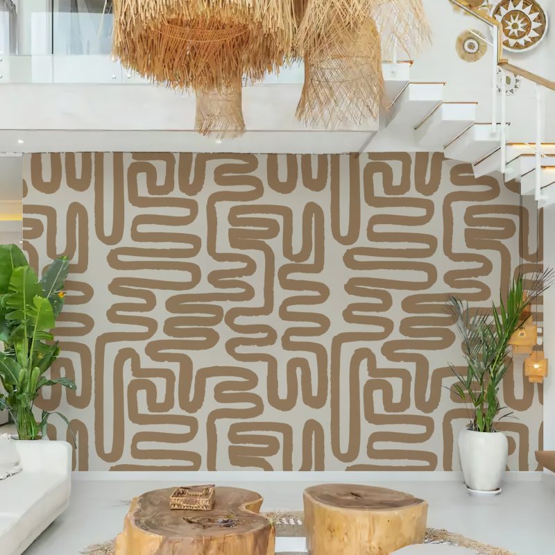 Brown and Cream Squiggle Line Wallpaper