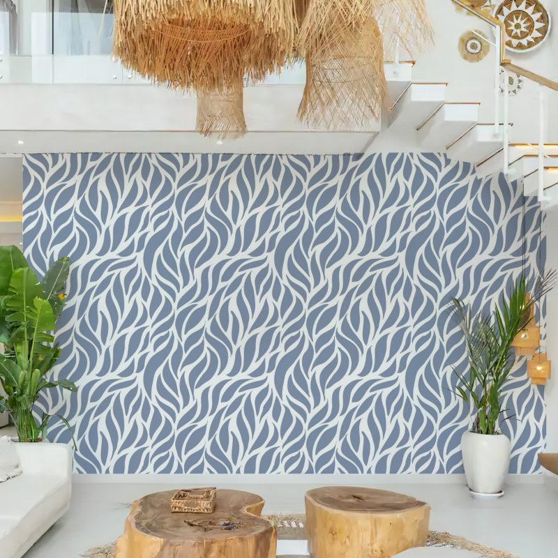 Blue and White Flowing Leaf Wallpaper