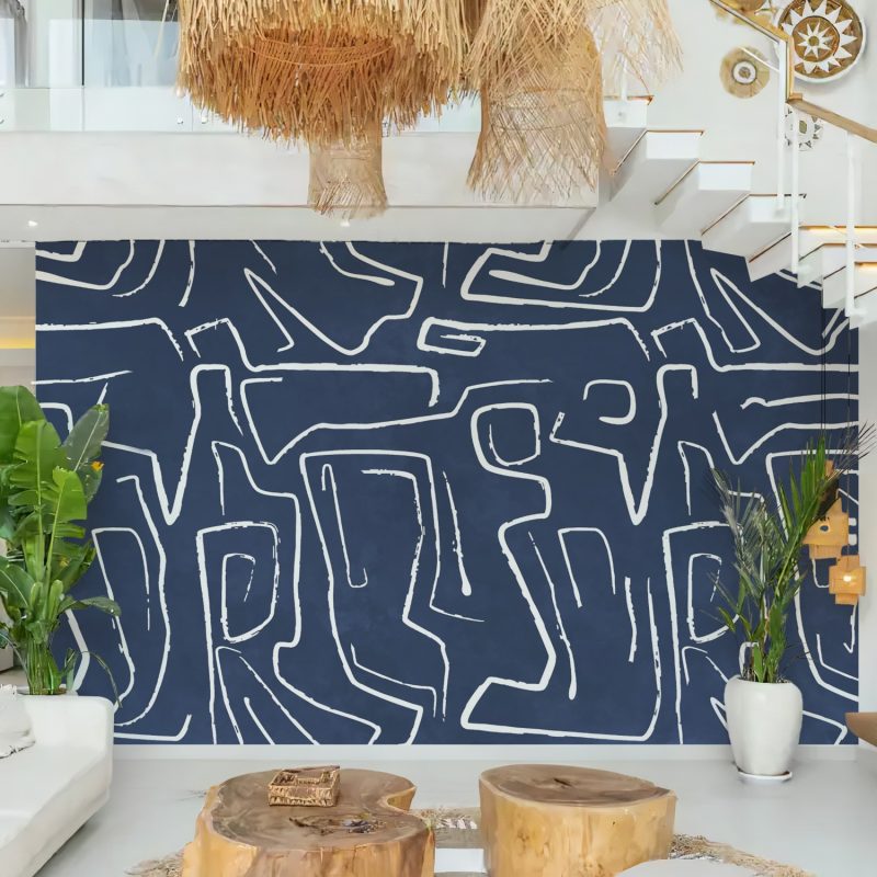 Navy and White Abstract Maze Wallpaper