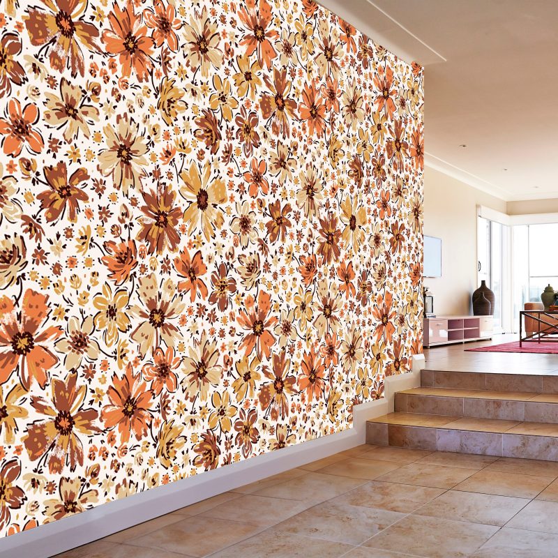 Cream and Orange Ditsy Floral Wallpaper