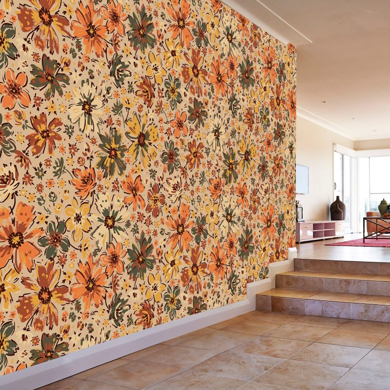 Orange and Brown Vintage Floral Wallpaper