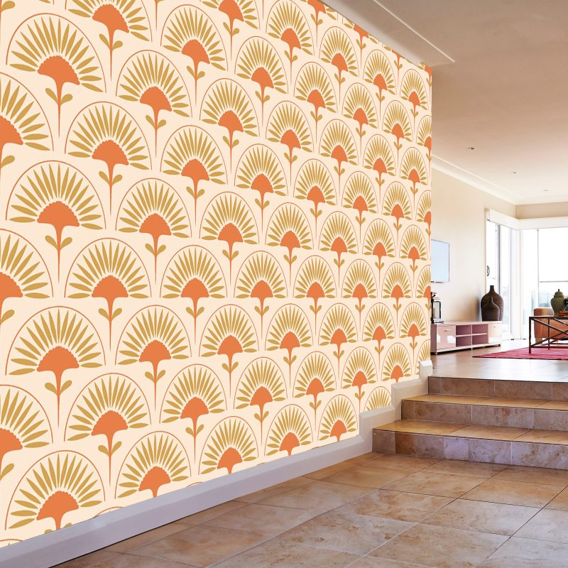 Orange Art Deco Fan Flower Wallpaper