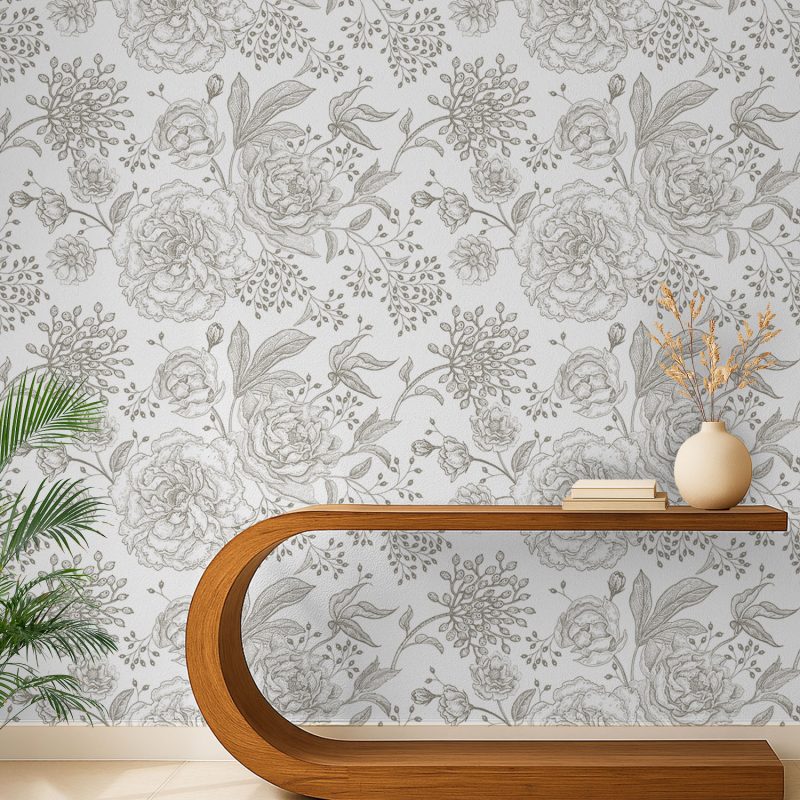 Grey Vintage Floral Sketch Wallpaper