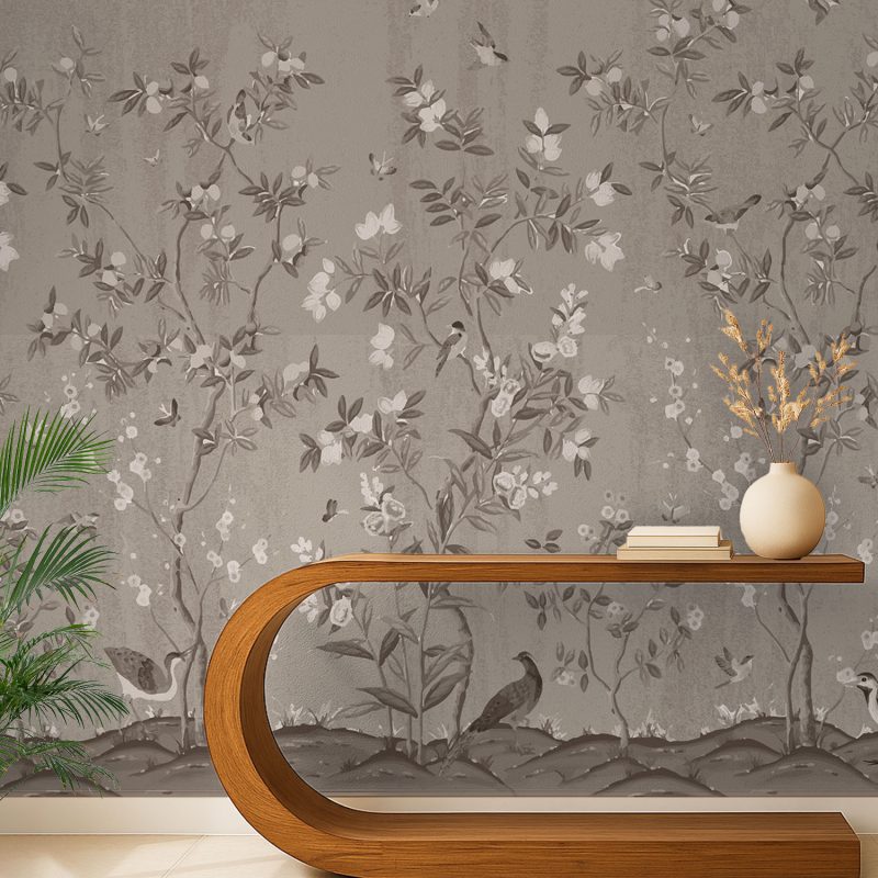 Brown Chinoiserie Blossom and Bird Wallpaper