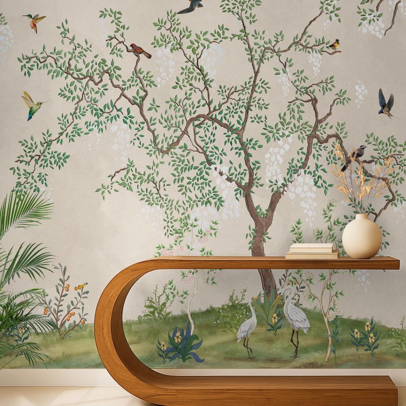 Green Chinoiserie Tree and Bird Wallpaper
