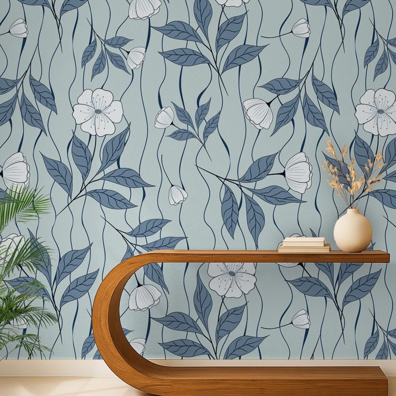 Blue and White Art Nouveau Floral Wallpaper