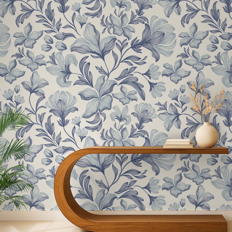 Blue and Cream Vintage Floral Wallpaper