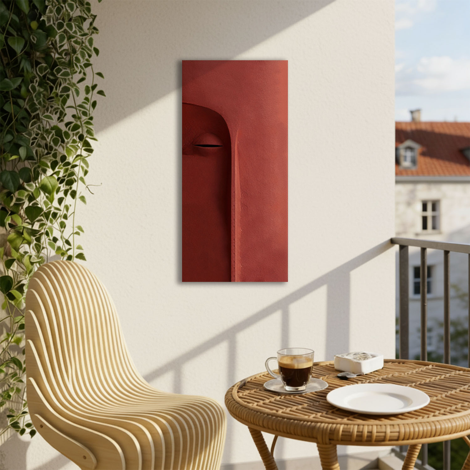 Flare – A tall, red-toned face with deep central features and a sculpted silhouette.