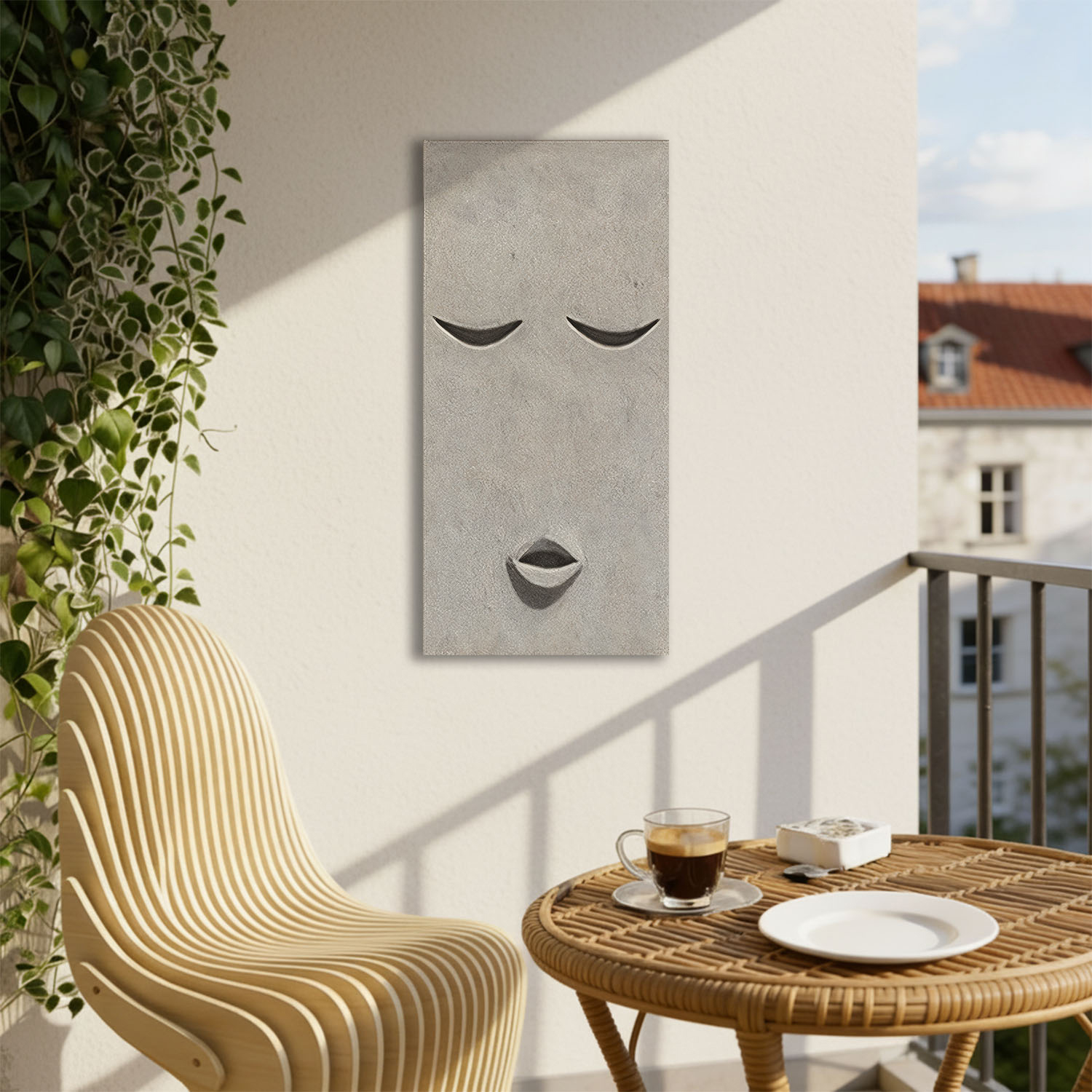 Float – A smooth, off-white face with simplified abstract shapes.
