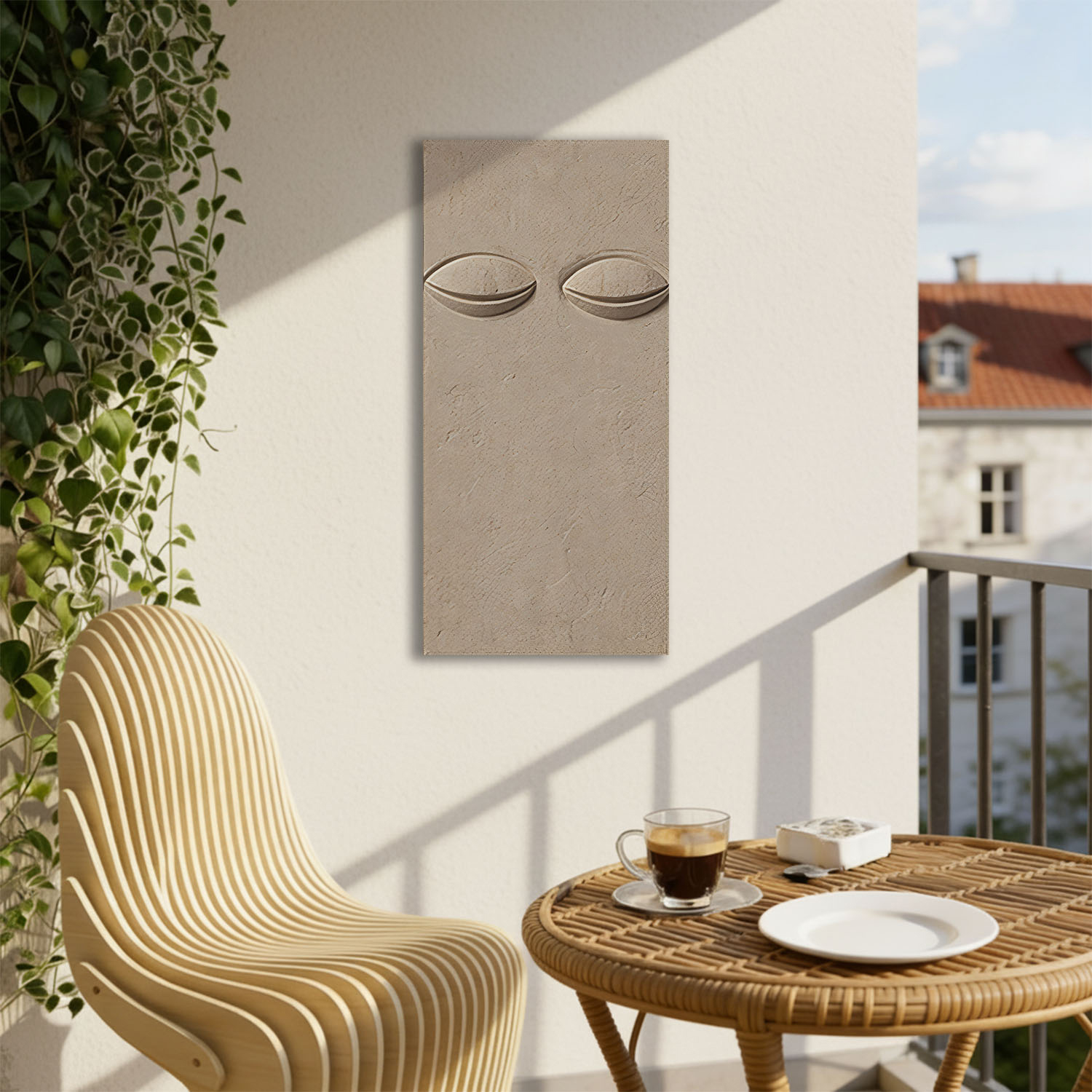 Gaze – A textured grey sculpture with recessed eyes and a stoic outline.