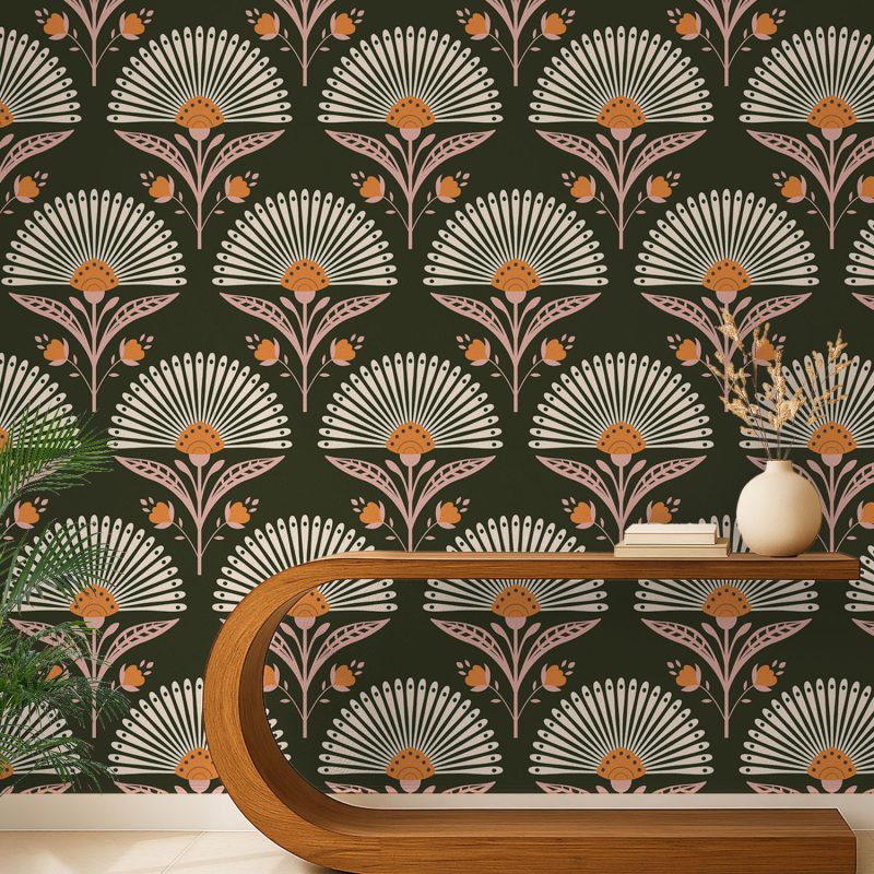 Olive Green Art Deco Fan Flower Wallpaper