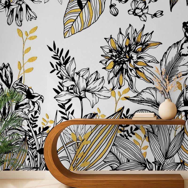 Golden Elegance in Monochrome Flora