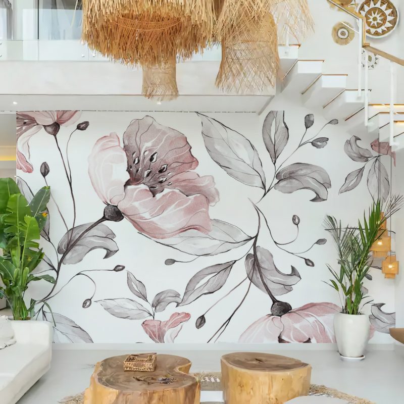Pink and Grey Watercolor Floral Wallpaper