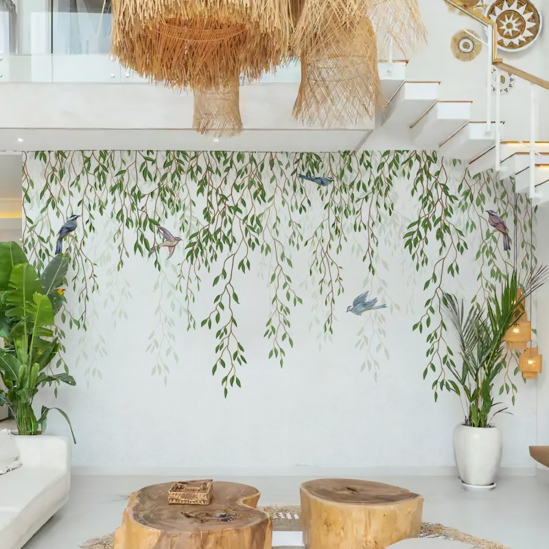 Hanging Willow Leaves and Birds Wallpaper