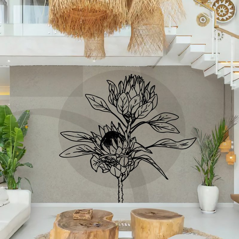 Black and Beige Protea Line Art Wallpaper