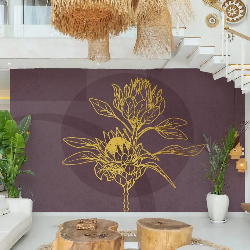 Purple and Gold Protea Line Art Wallpaper