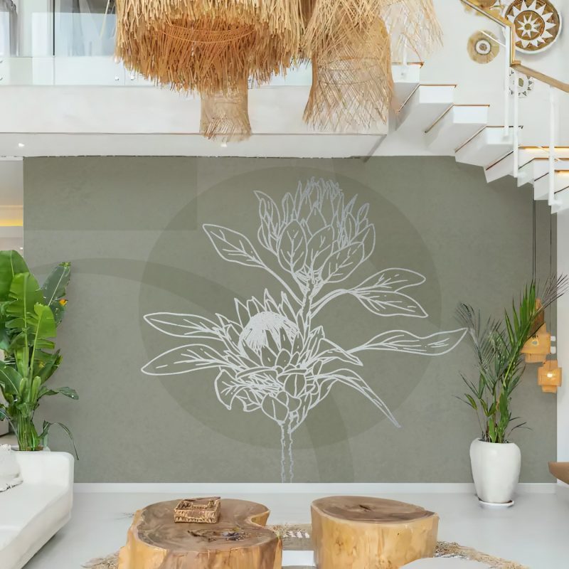 Sage Green Protea Line Art Wallpaper