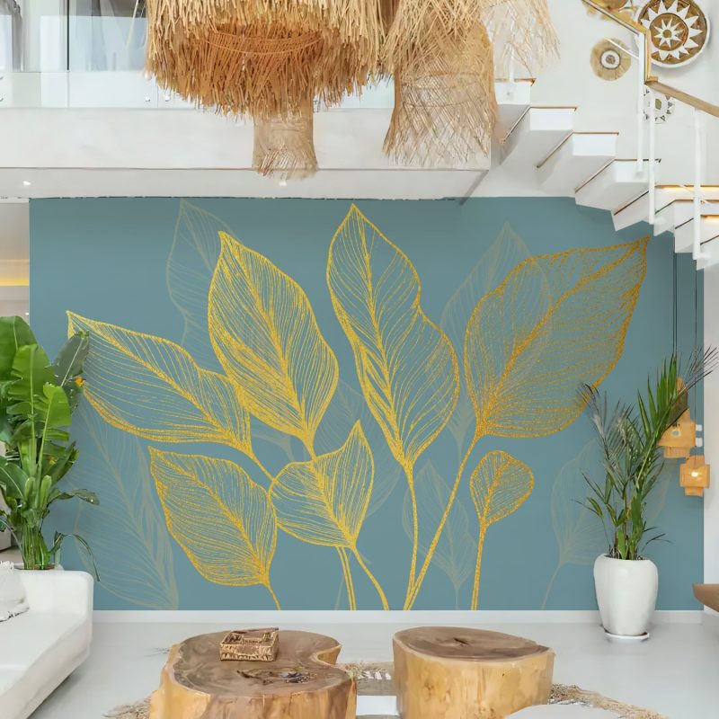Teal and Gold Leaf Line Art Wallpaper