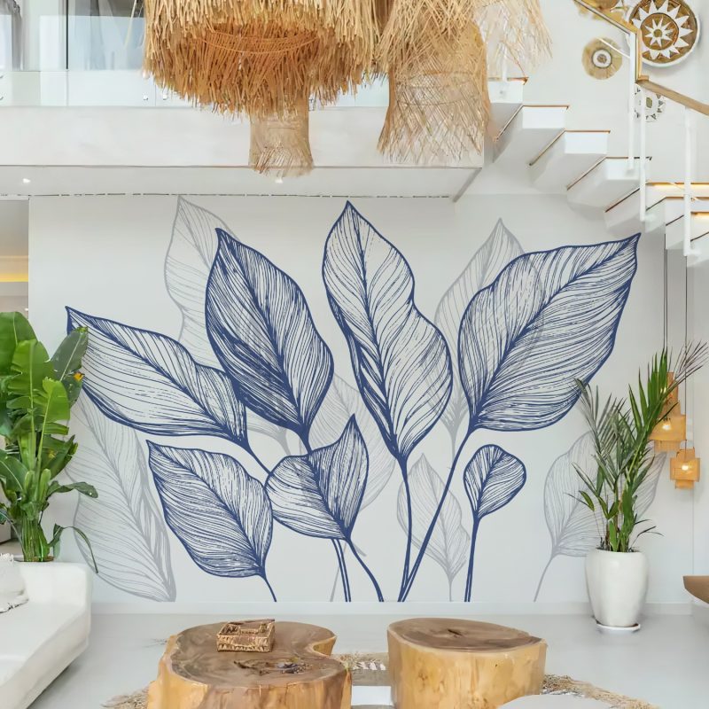 Blue and White Leaf Line Art Wallpaper