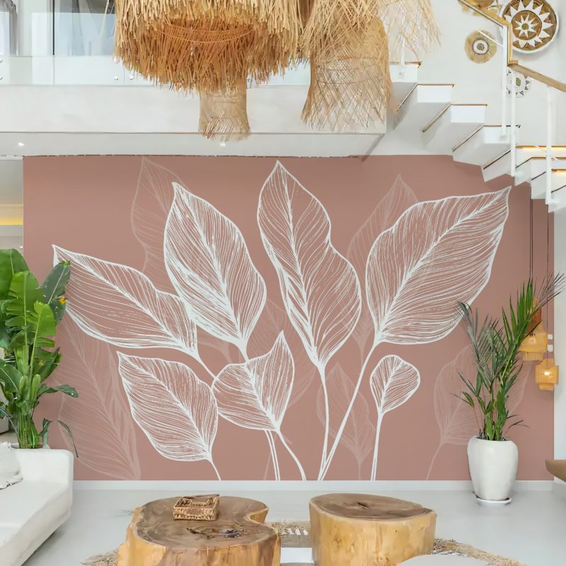 Peach and White Leaf Line Art Wallpaper