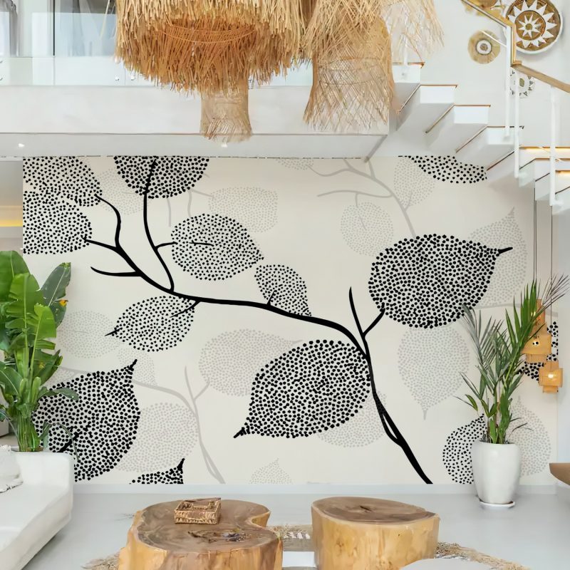 Black and Beige Layered Dotted Leaf Wallpaper