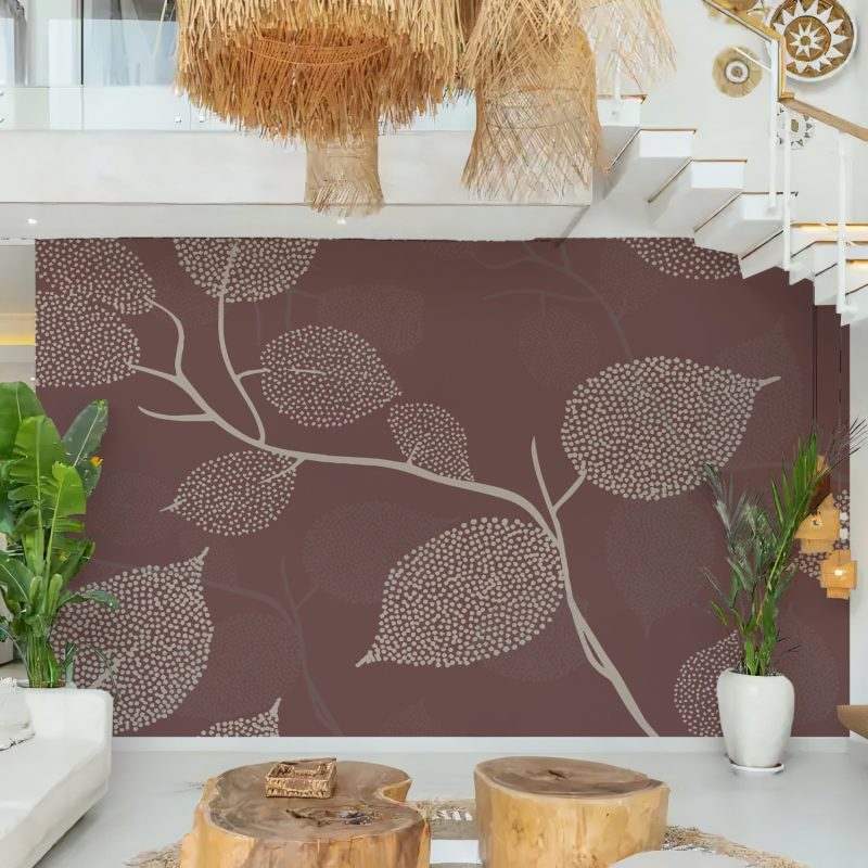 Brown and Beige Layered Dotted Leaf Wallpaper