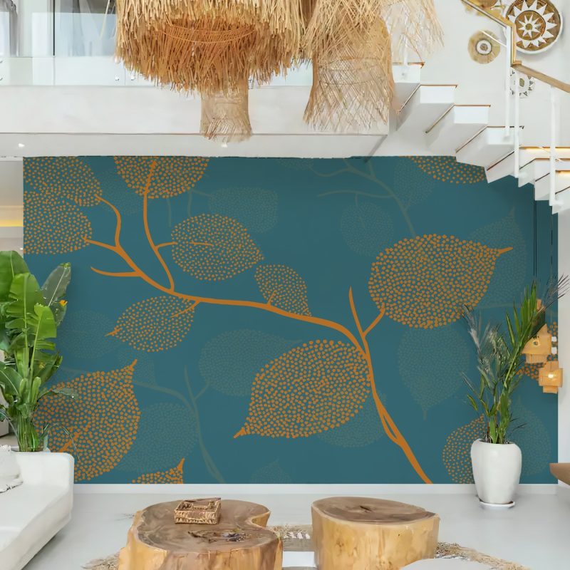 Teal and Orange Layered Dotted Leaf Wallpaper
