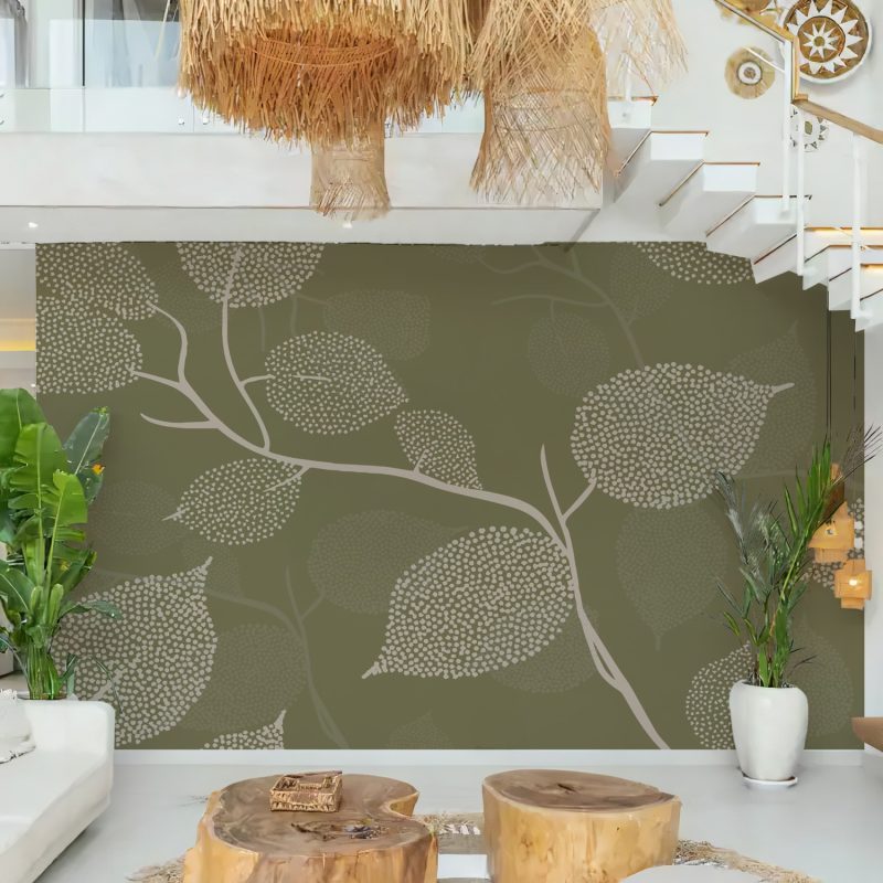 Olive Green Layered Dotted Leaf Wallpaper
