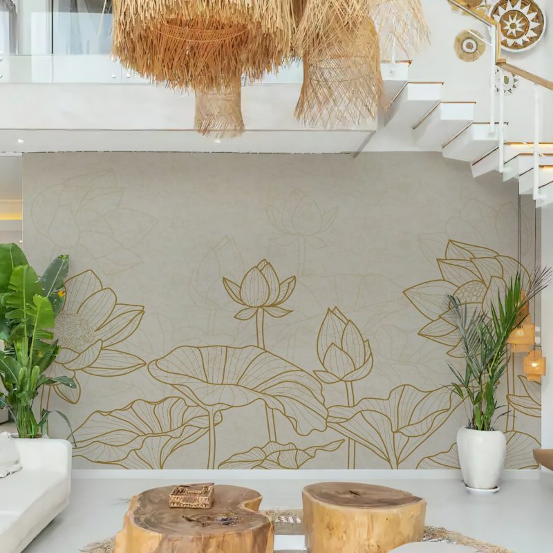 Beige and Gold Lotus Line Art Wallpaper