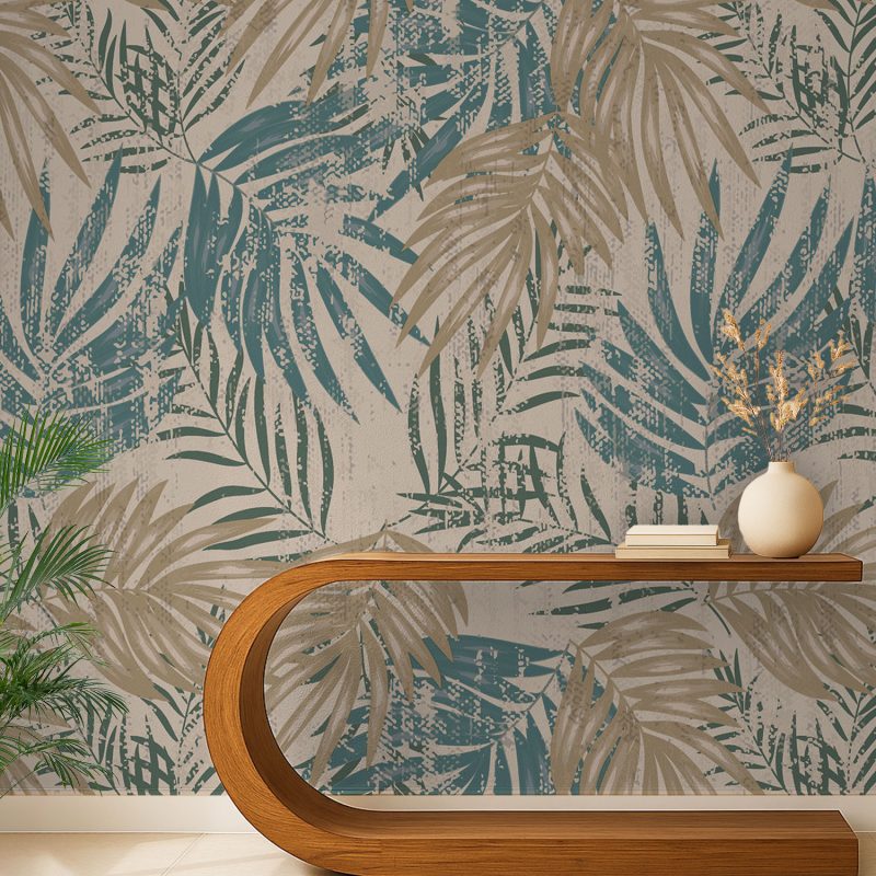Teal and Beige Distressed Palm Leaf Wallpaper