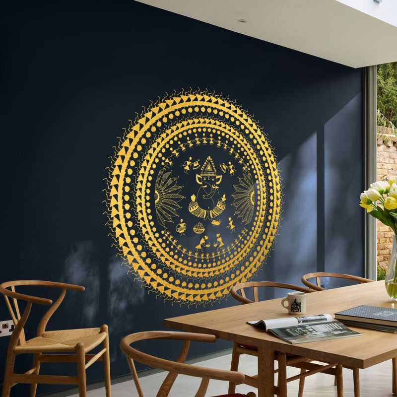 Ganesha's Golden Resonance: A Warli Mandala Celebration