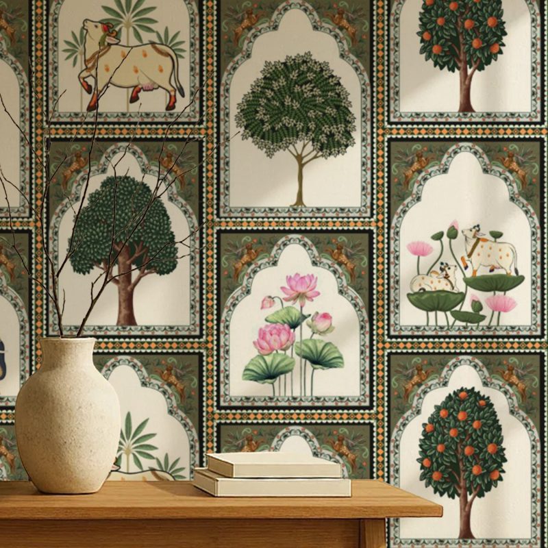 Green Mughal Arch Cow and Tree Wallpaper