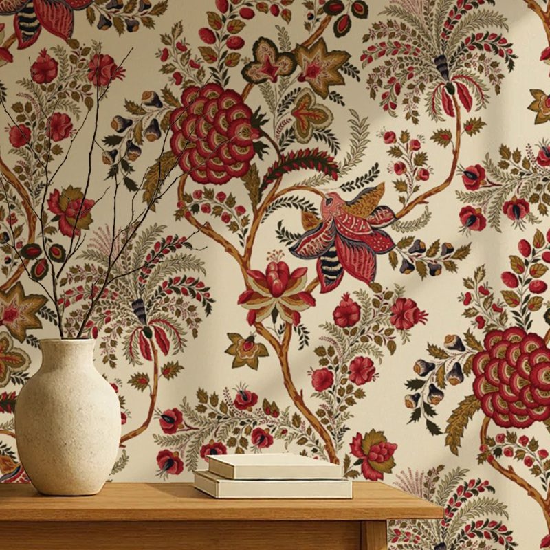 Red and Cream Chintz Floral Wallpaper