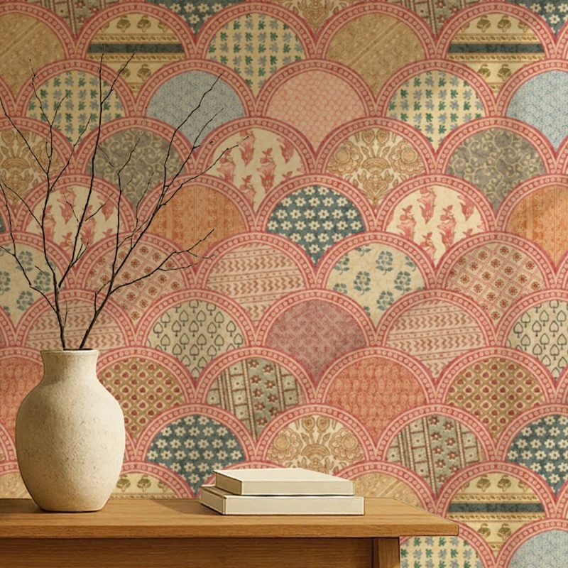 Peach Boho Scallop Patchwork Wallpaper