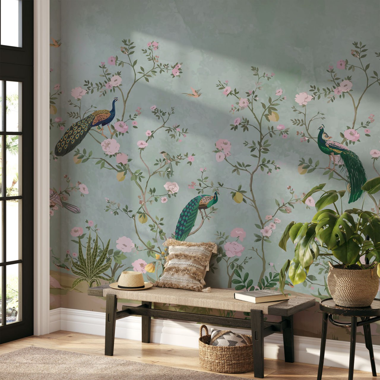 Traditional Peacock Harvest Garden Wallpaper — peacocks amid lush botanical foliage on sage green wall