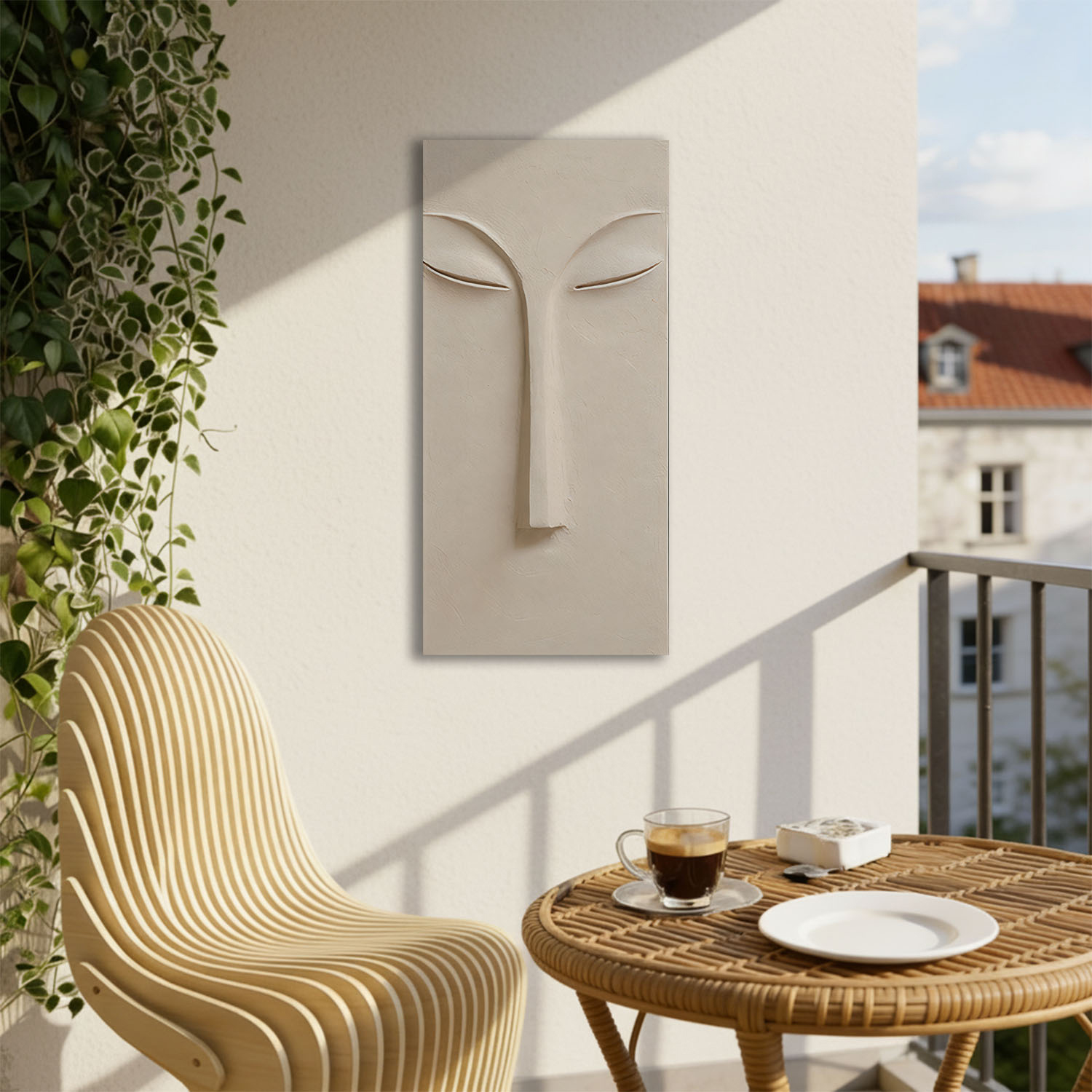Timeless Calm - Minimalist terracotta abstract with a carved closed eye and elongated nose, reflecting peace and inner strength.
