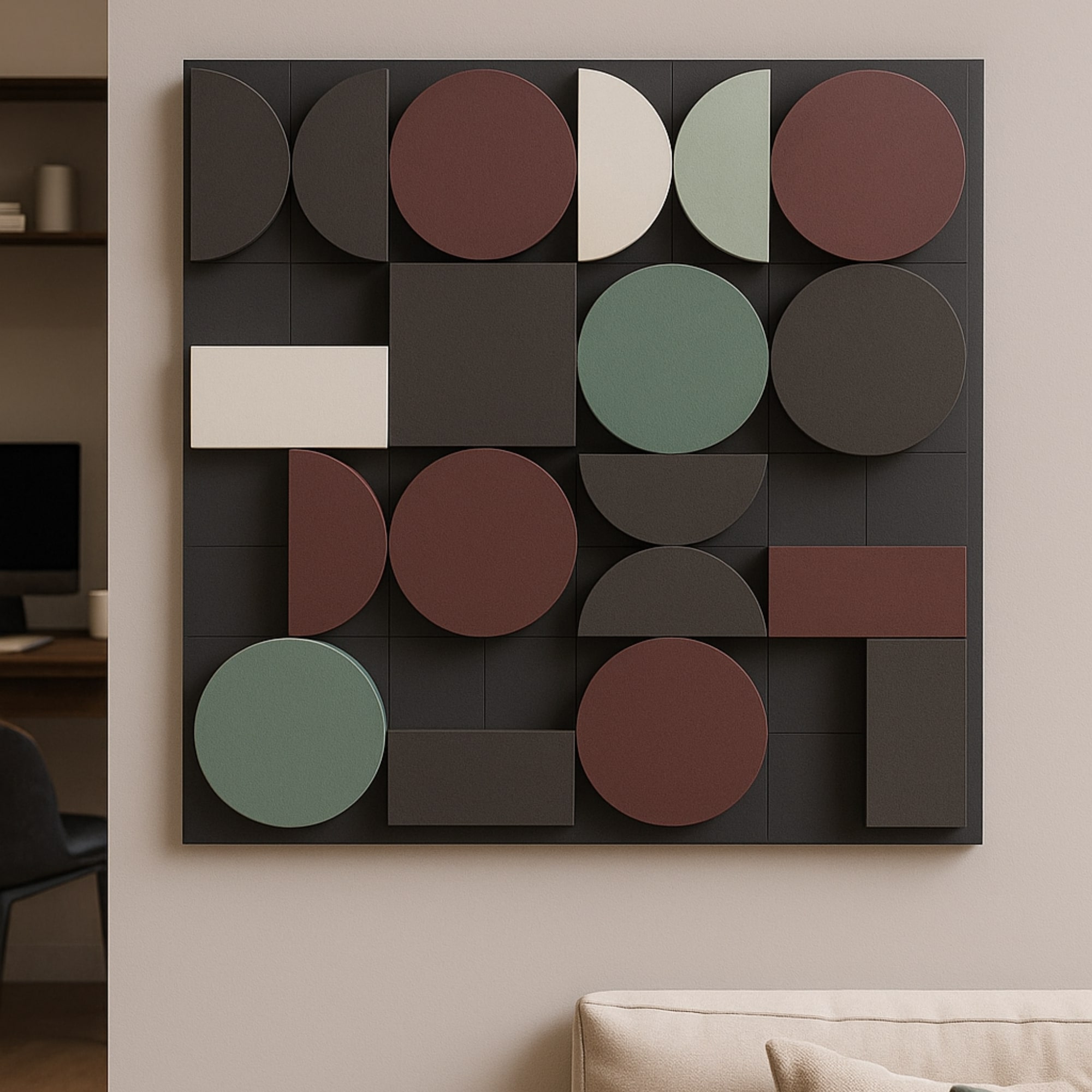 Geometric abstract composition featuring circles semicircles rectangles and squares