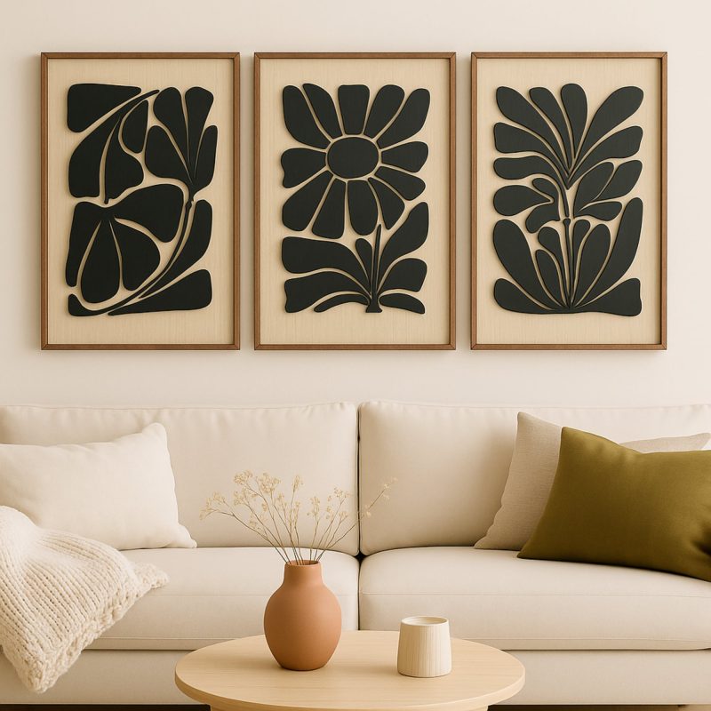 Minimal Botanical Harmony - A modern wall art set with bold floral silhouettes on woodgrain