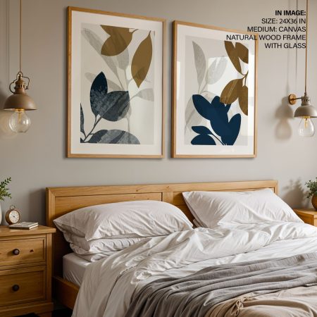 Set of 2 abstract blue brown botanical