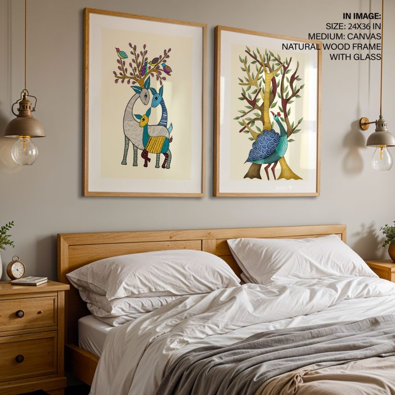Gond Deer Family and Peacock – Wall Decor