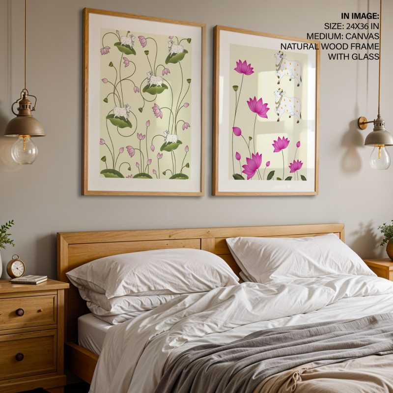 Traditional Pink Lotuses White Cows – Home Decor