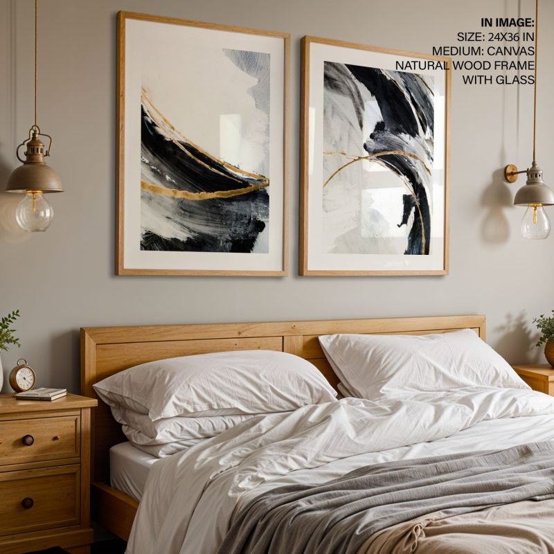 Abstract Black White Gold Brushstrokes Artworks – Home Decor